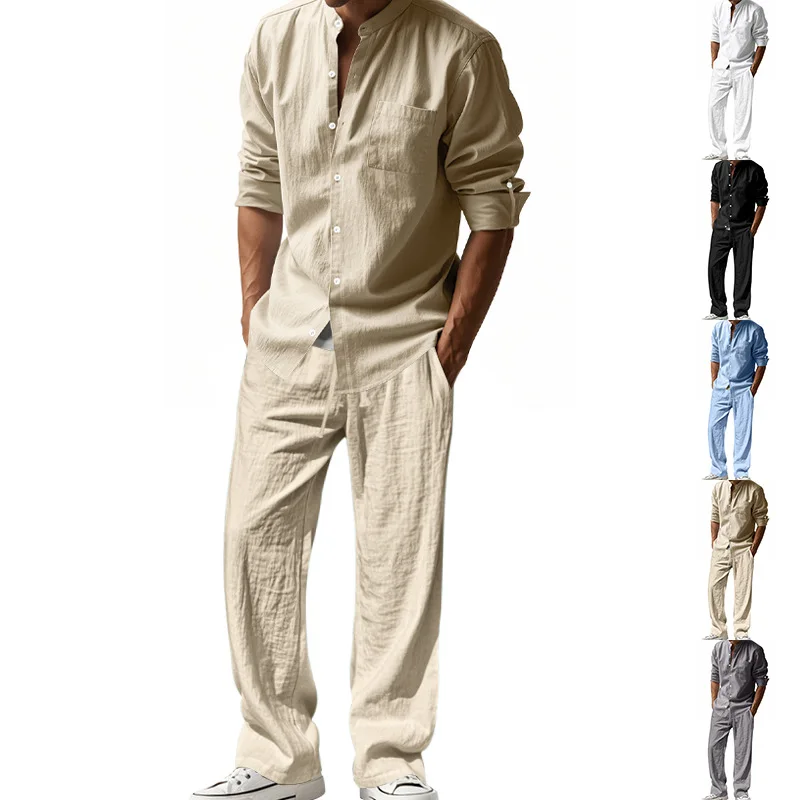 Mens Linen Shirt Long Sleeve - 2025 Cross-border American Four Seasons Linen