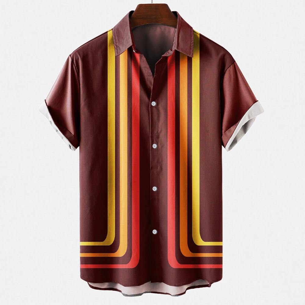 Short Sleeve Bowling Shirt Retro - Men's Vintage Retro Striped Color Block