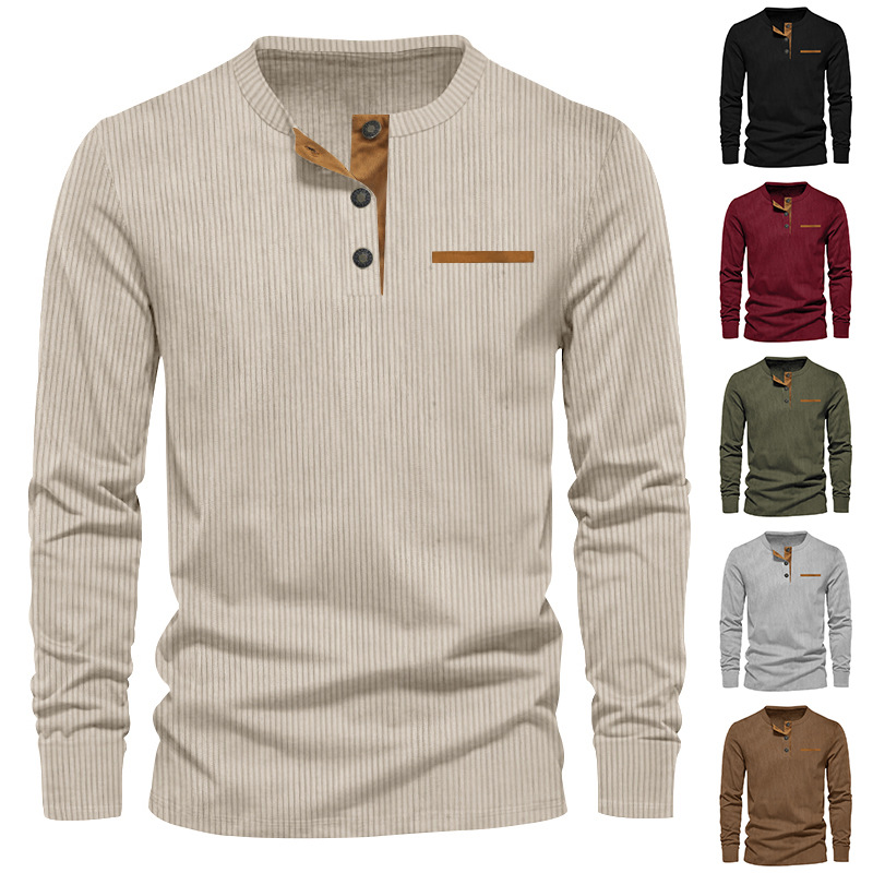 New Men's Long Sleeve T-shirt  - Corduroy Button Up Shirt Men 评论和价格