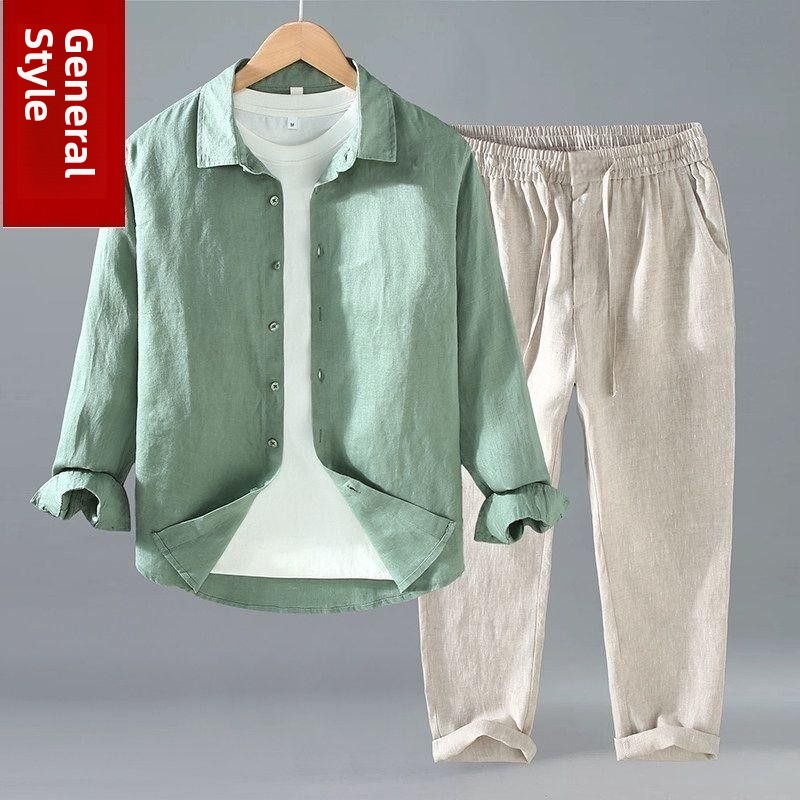 Summer Cotton Linen Shirt Pant - Mens Linen Shirt Long Sleeve 评论和价格