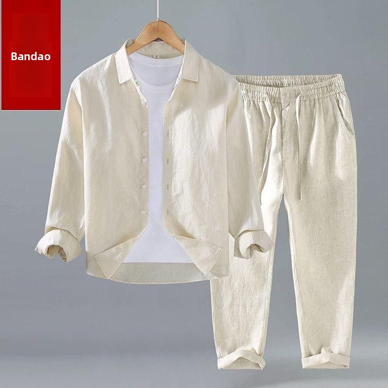 Summer Cotton Linen Shirt Pant - Mens Linen Shirt Long Sleeve 评论和价格