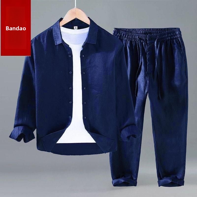 Summer Cotton Linen Shirt Pant - Mens Linen Shirt Long Sleeve 评论和价格