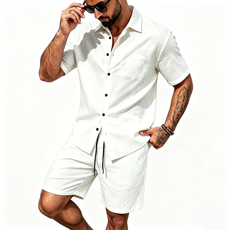 Men Linen Two Piece Outfit Sho - Mens Linen Shirt Long Sleeve 评论和价格