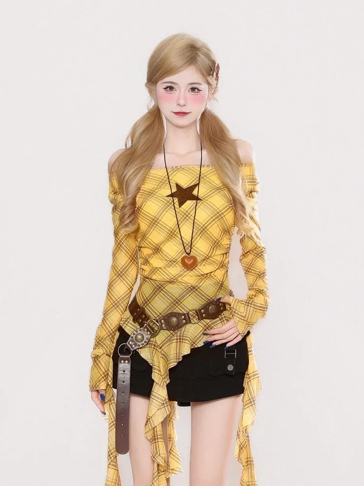 Y2K Plaid Slash Neck Vintage T - T-Shirts 评论和价格