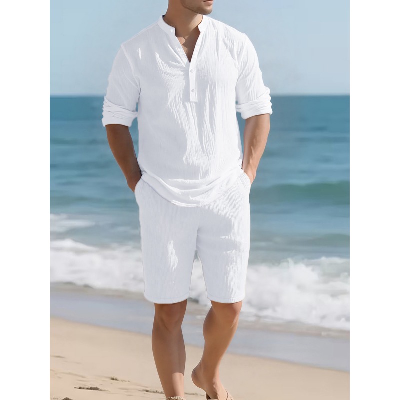 Men's White Linen Blend Two Pi - Mens Linen Shirt Long Sleeve 评论和价格
