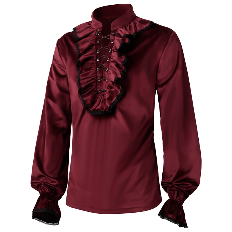 Red Lace Up Ruffles Lantern Sl - Medieval Gothic Lace Up Pirate Shirt 评论和价格