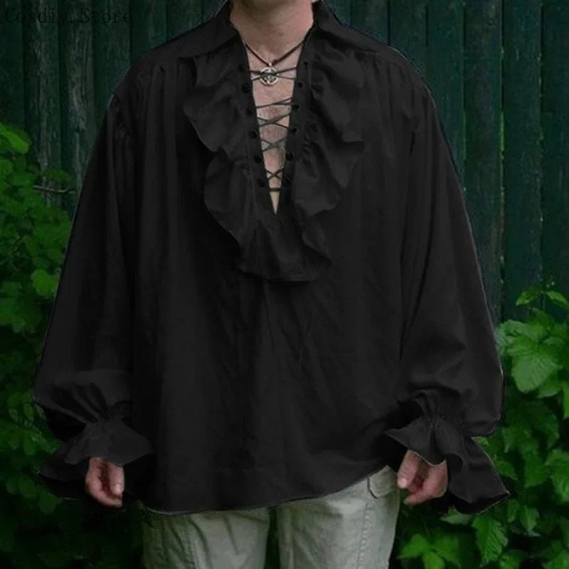 S-5XL Medieval Pirate Hallowee - Medieval Gothic Lace Up Pirate Shirt 评论和价格