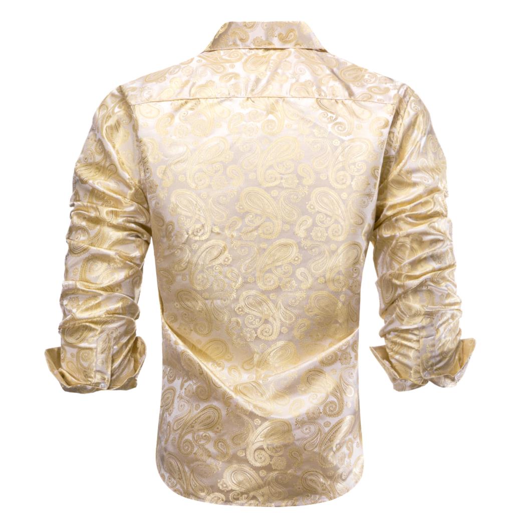 Hi-Tie Gold Beige Ivory Champa - Mens Satin Silk Dress Shirt 评论和价格