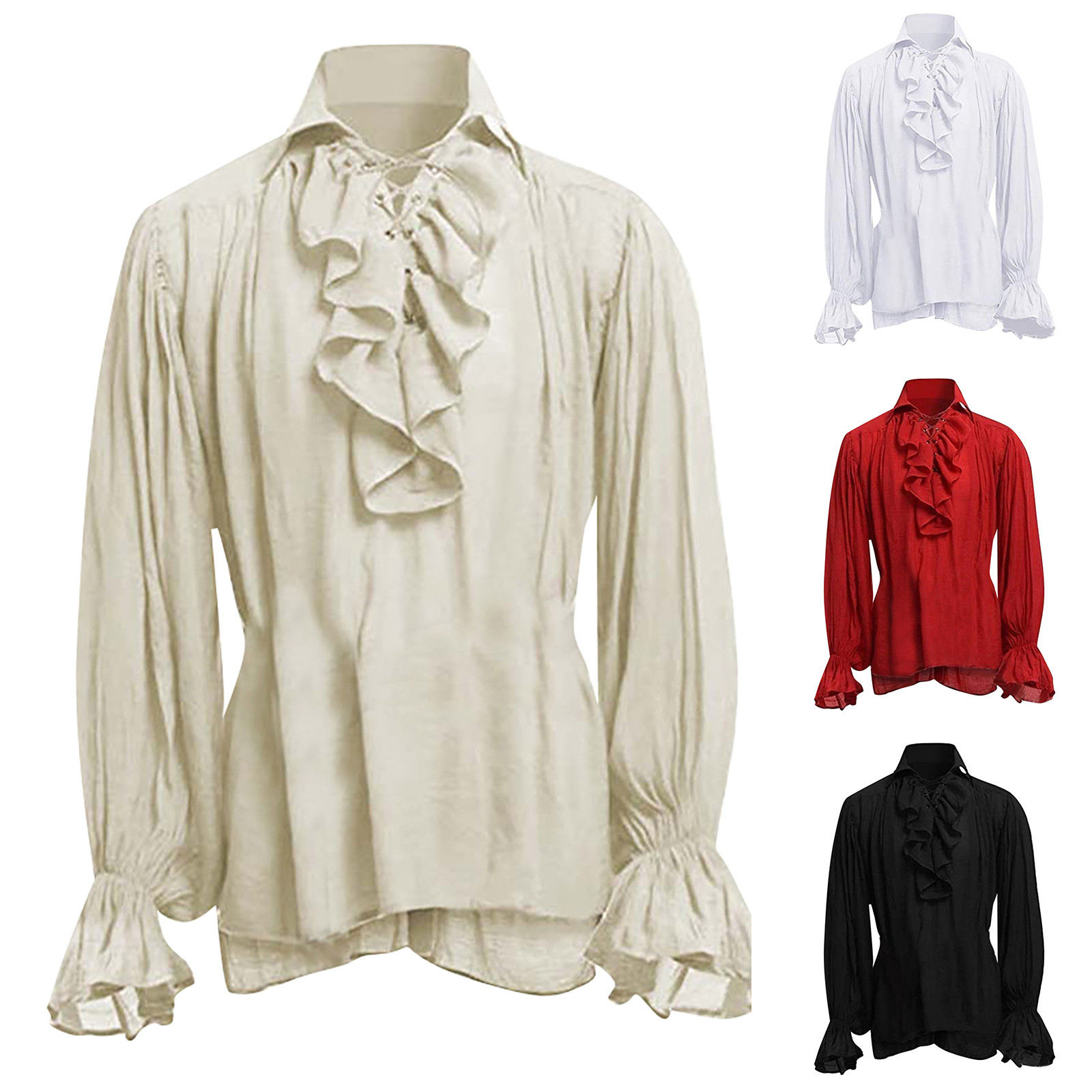 Mens Halloween Lace Up Pirate  - Medieval Gothic Lace Up Pirate Shirt 评论和价格