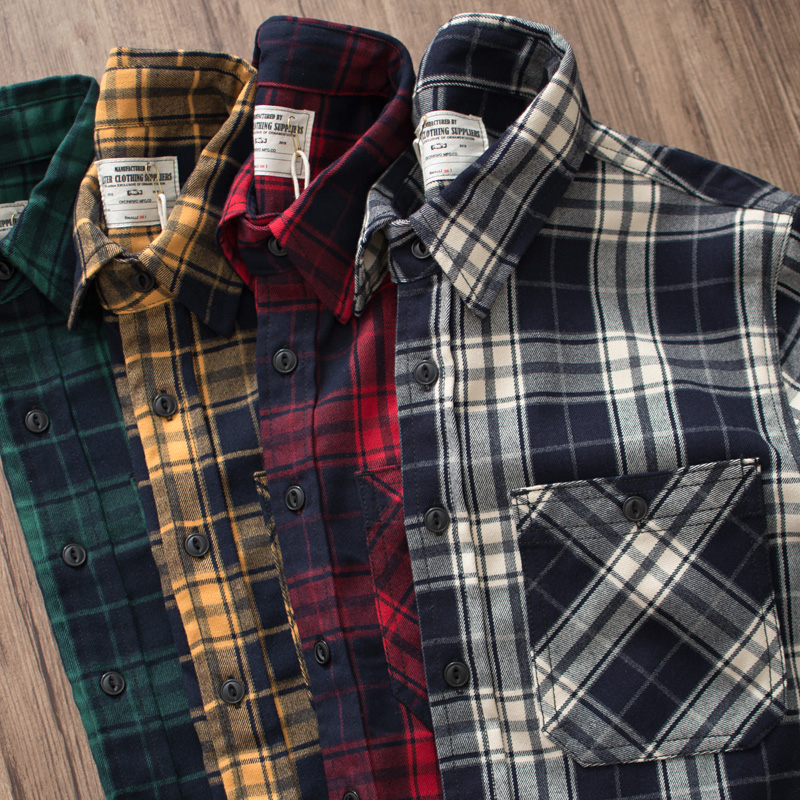 Autumn New American Retro 300g - Flannel Plaid Shirt Heavy Weight 评论和价格