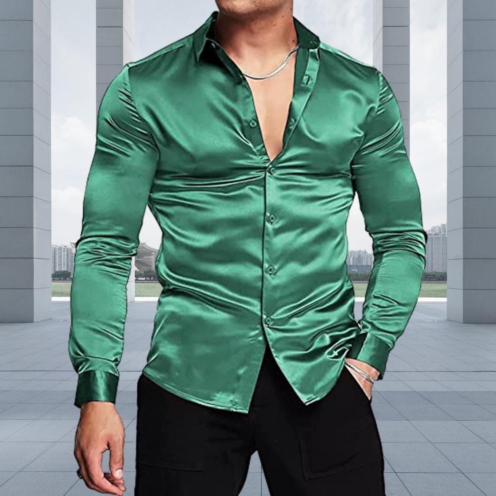Stylish Men Shiny Silk Like Sa - Mens Satin Silk Dress Shirt 评论和价格